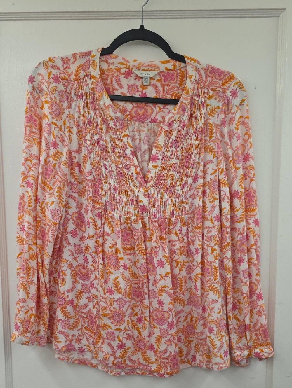 Lucky Brand Pink Orange Boho Smocked Blouse M